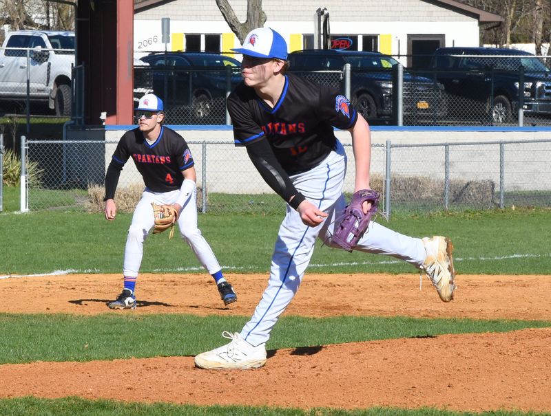 Tanner Buchanan pitches for Thomas A. Edison in a 9-5 loss to Trumansburg in IAC baseball April 8, 2026 at Edison High School in Elmira Heights.