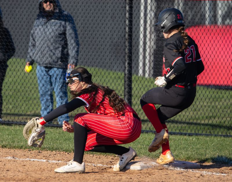 Hilton's Hannah Dear gets an out at first base Wednesday, April 8 at Hilton High School.