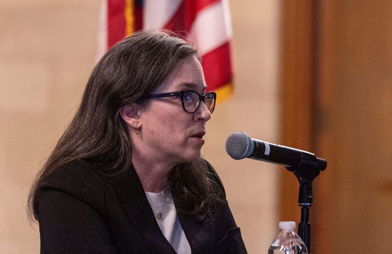 Effie Phillips-Staley speaks as she and fellow candidates Cait Conley and Beth Davidson debate April 9, 2026 as they vie for the June 23 primary to challenge Republican Rep. Mike Lawler for New York's 17th Congressional District seat. The debate was held in front of hundreds at the O'Byrne Chapel at Manhattanville University in Purchase.