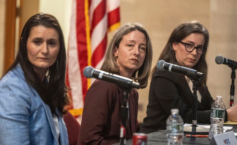 Democratic candidates Cait Conley, Beth Davidson and Effie Phillips-Staley listen to a question from the moderators during a debate April 9, 2026 as they vie for the June 23 primary to challenge Republican Rep. Mike Lawler for New York's 17th Congressional District seat. The debate was held in front of hundreds at the O'Byrne Chapel at Manhattanville University in Purchase.