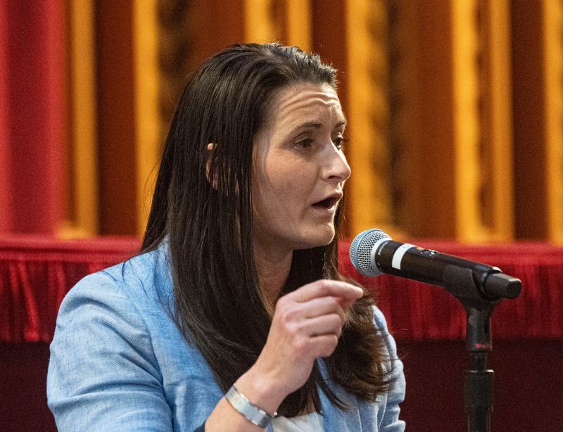 Cait Conley speaks as she and fellow candidates Beth Davidson and Effie Phillips-Staley debate April 9, 2026 as they vie for the June 23 primary to challenge Republican Rep. Mike Lawler for New York's 17th Congressional District seat. The debate was held in front of hundreds at the O'Byrne Chapel at Manhattanville University in Purchase.
