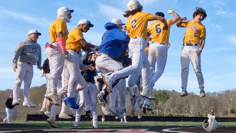 Mahopac players celebrate Nick Masciarelli's home run during a game at Fox Lane April 9, 2026. Mahopac won 13-0.