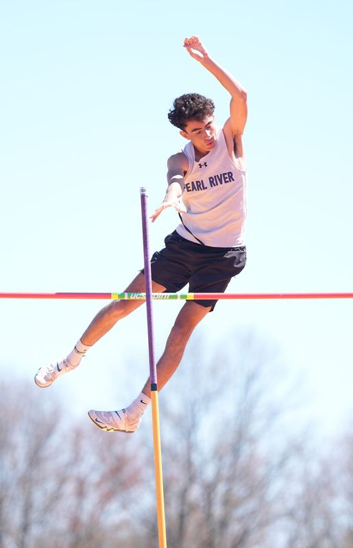 Pearl River's Brendan Kiesling competes in the pole vault at the Nanuet Relays track & field meet at Nanuet High School on Saturday, April 11, 2026.