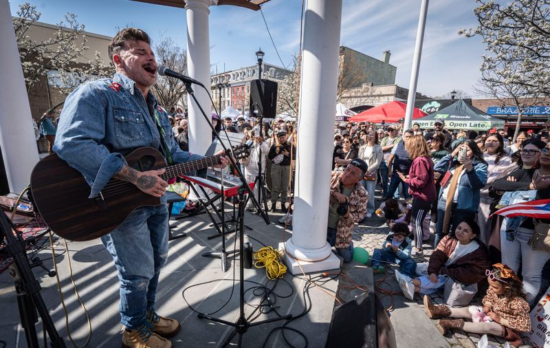 Musician Pedro Capó, a three-time Latin Grammy award winner, performs at "Springfest", the Nyack Chamber of Commerce's first street fair of the season April 12, 2026. Capó, who lived and worked in Nyack before his musical career took off, received the key to the village from Nyack Mayor Joe Rand and Bill Batson, Executive Director of the Nyack Chamber of Commerce.