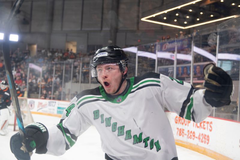 Binghamton Black Bear’s Nicholas Swain (24) reacts after scoring during a hockey game Wednesday, April. 15, 2026 at Stormont Vail Events Center.