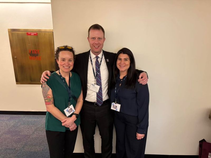 Bethany Hamilton, left, joined coworkers Matt Haynes and Michelle Kenney at NYSUT's annual lobby day in Albany earlier this year. She is one of many Tier 6 members pushing for reforms to the pension system.