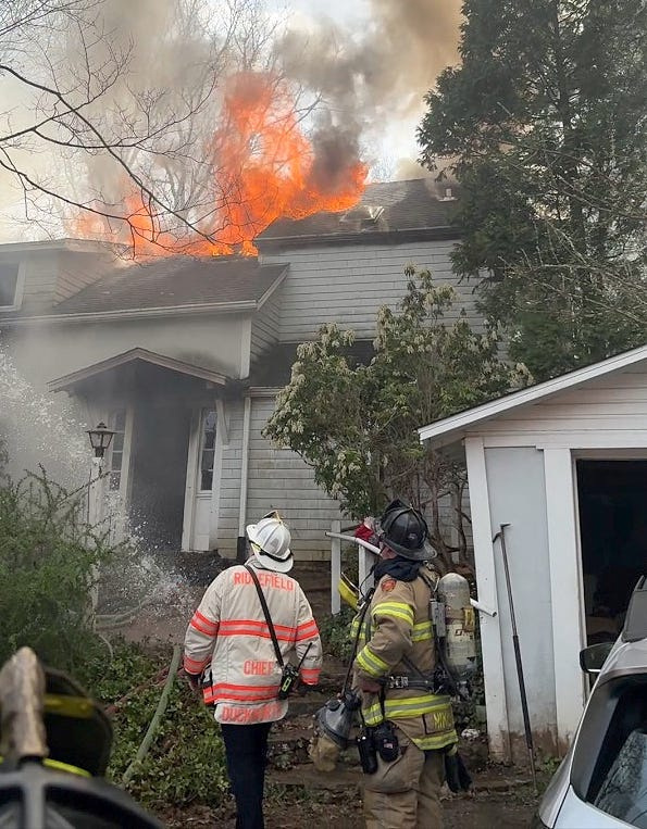 Firefighters from several Westchester departments battle a stubborn house fire on Od Shop Road in South Salem April 16, 2026. Several residents and first responders were injured.