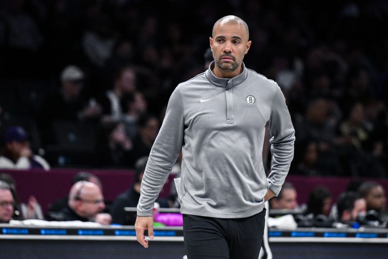 Mar 29, 2026; Brooklyn, New York, USA; Brooklyn Nets head coach Jordi Fernandez during a timeout in the first half against the Sacramento Kings at Barclays Center. Mandatory Credit: John Jones-Imagn Images