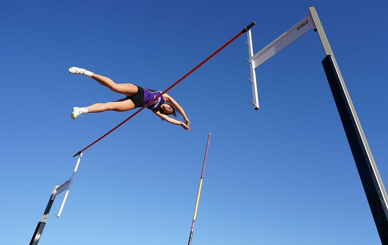 Monroe-Woodbury's Stella Scherbak clears 12' 3" in the pole vault during day 1 of the Red Raider Relays track & field meet at North Rockland High School in Thiells on Friday, April 17, 2026.