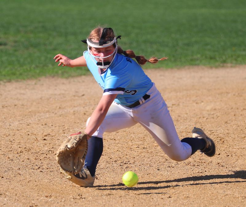 Pine Plains’ Eliza Baden fields a hit from New Paltz’s Lila Disciullo during their game on April 17, 2026.