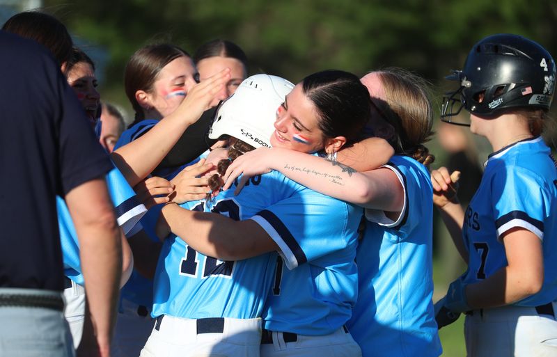 Pine Plains’ Addy Farinaccio is greeted at home plate during their game versus New Paltz on April 17, 2026.