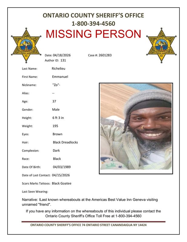 OCSO is investigating the disappearance of 37-year-old Emmanuel Richelieu, also known as "Zo," who was last known to be at America’s Best Value Inn in Geneva visiting an "unnamed friend."