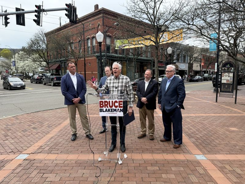 Gubernatorial candidate Bruce Blakeman spoke April 18 at Centerway Square in Corning, surrounded by State Senator Tom O’Mara (R-Big Flats), State Assemblyman Phil Palmesano (R-Corning), Joe Sempolinski (R-Canisteo) and Blakeman's running mate, Todd Hood, Madison County Sheriff.