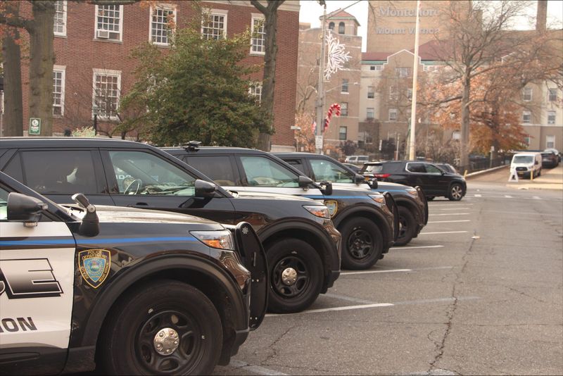 Police cruisers at the Mount Vernon Police Department headquarters in fall 2025.