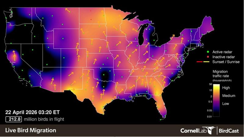 A live bird migration map for April 22, 2026. This interactive map are produced by the Cornell University Lab of Ornithology and Colorado State University as part of their BirdCast project.