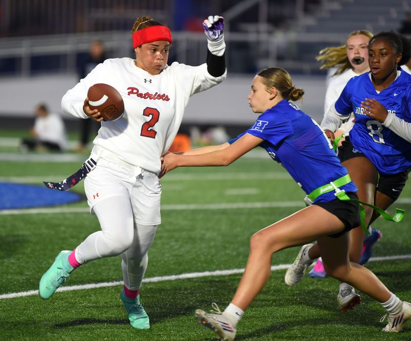 Binghamton's Remi Campbell (2) carries the ball during a 20-0 win over Horseheads in a Section 4 girls flag football contest April 22, 2026 at Horseheads High School.