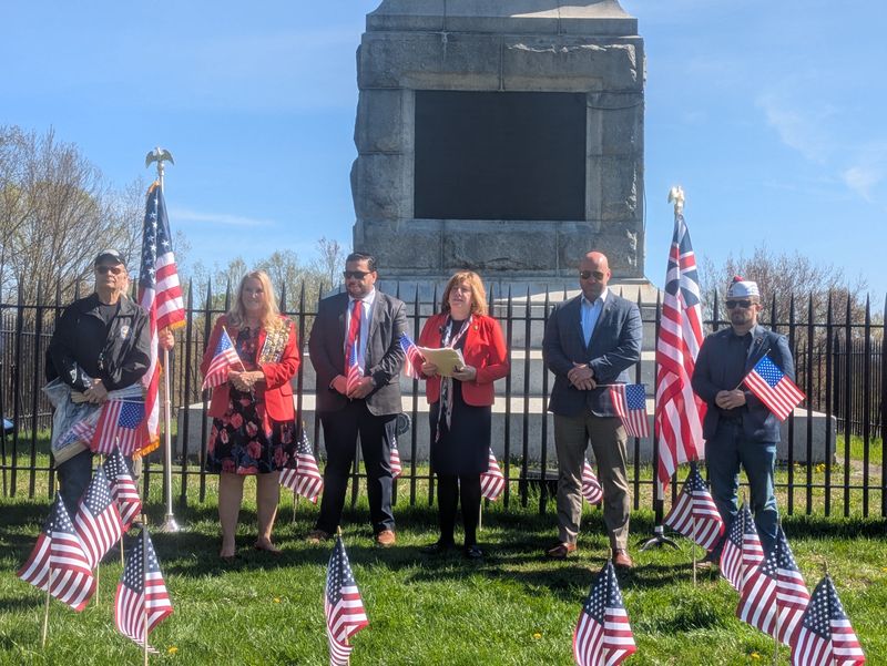 From left, Tom Buono from Vietnam Veterans of America, Leslie Raney from Daughters of the American Revolution, Vinny Scalise from Utica Center for Development, Assemblywoman Marianne Buttenschon, Rome Mayor Jeffrey Lanigan, and Matthew VanEtten of American Legion Post 6001, at Oriskany Battlefield on April. 23.