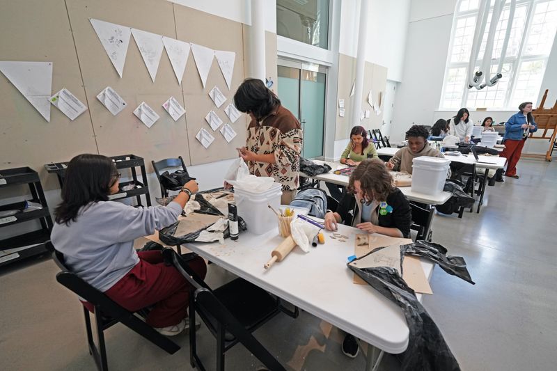 Sleepy Hollow High School art club students work on a personal sculpture project in the art studio at The Pocantico Center's David Rockefeller Creative Arts Center as part of a residency program April 21, 2026 in Tarrytown. The Tarrytown school district received a two-year $50,000 Community Arts Residency grant through the Rockefeller Brothers Fund (RBF) which supports a collaborative arts residency at The Pocantico Center.