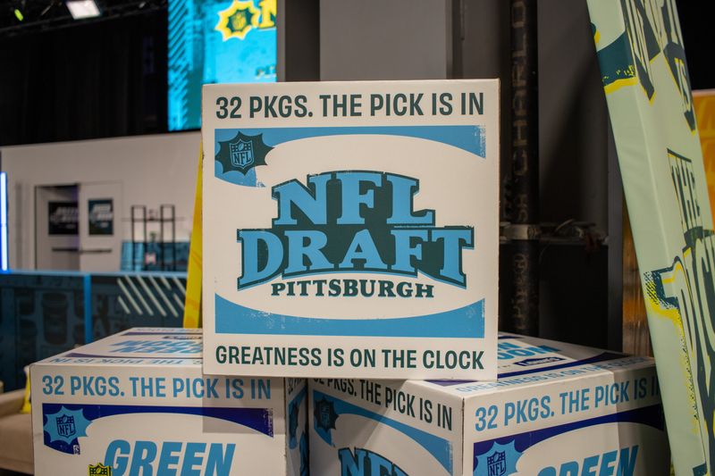 Branding for the NFL Draft is on display in the green room Wednesday, April 22, 2026 outside Acrisure Stadium in Pittsburgh, Pa.