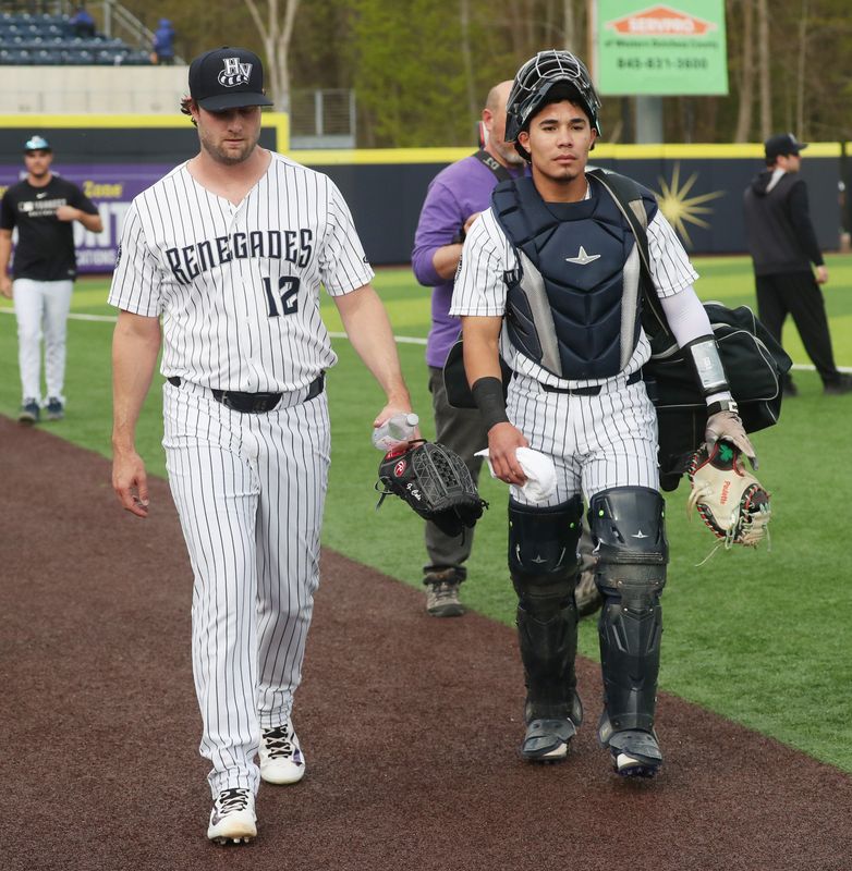 Gerritt Cole walks on the field with catcher, Josue Gonzalez, before Thursday’s game between the Hudson Valley Renegades and the Brooklyn Cyclones on April 23, 2026.
