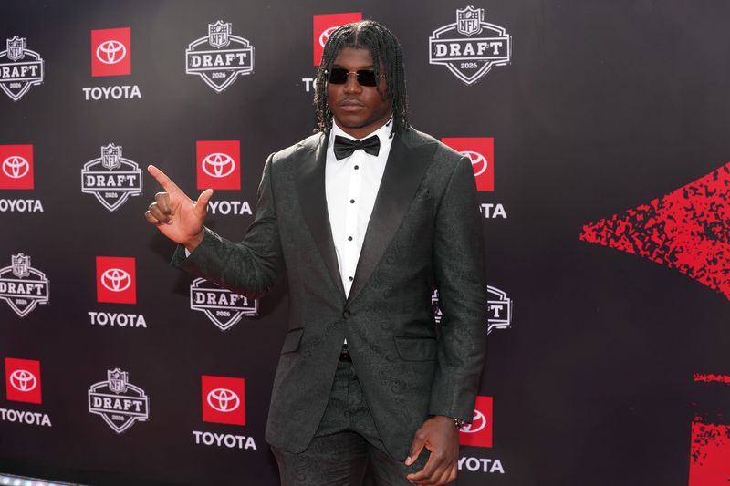 Apr 23, 2026; Pittsburgh, PA, USA; Texas Tech Red Raiders linebacker David Bailey poses on the red carpet before the 2026 NFL Draft at Point State Park. Mandatory Credit: Kirby Lee-Imagn Images