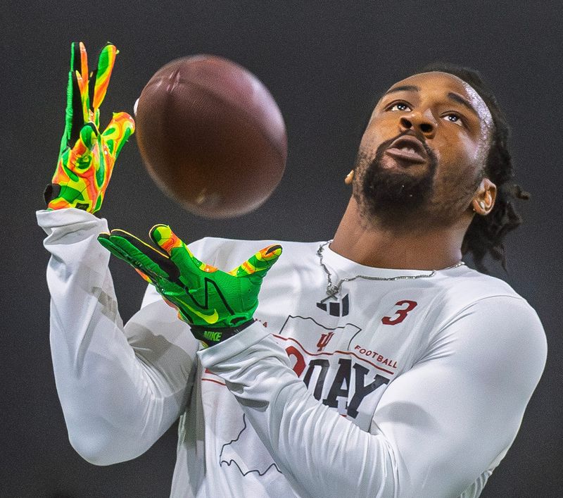 Omar Cooper Jr. participates in Indiana University's Pro Day at Mellencamp Pavilion on Wednesday, April 1, 2026.