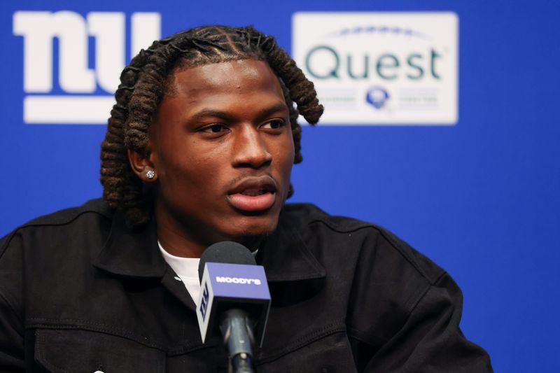 Apr 24, 2026; East Rutherford, NJ, USA; New York Giants draft pick Arvell Reese addresses the media during the introductory press conference at Quest Diagnostics Training Center. Mandatory Credit: Tom Horak-Imagn Images