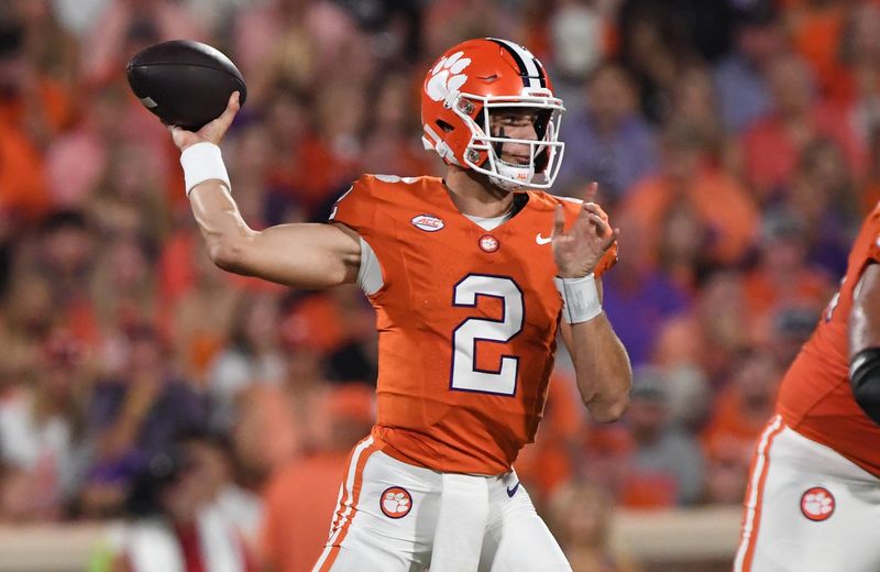 Sep 16, 2023; Clemson, South Carolina; Clemson quarterback Cade Klubnik (2) passes during the first quarter against Florida Atlantic at Memorial Stadium. Mandatory Credit: Ken Ruinard-USA TODAY NETWORK
