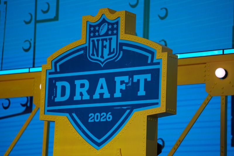 Apr 23, 2026; Pittsburgh, PA, USA; The 2026 NFL Draft logo on the theater stage at Acrisure Stadium. Mandatory Credit: Kirby Lee-Imagn Images