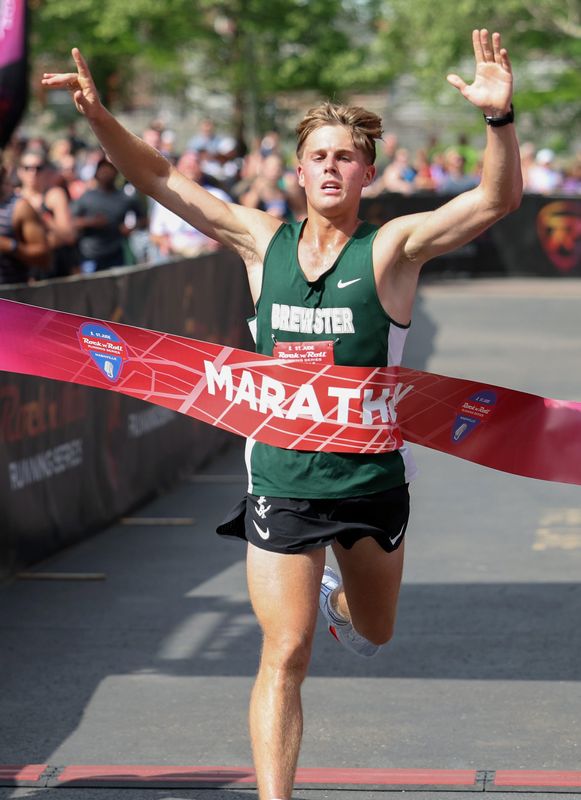 Former Brewster star Pat Ford breaks the tape in winning the 2026 St. Jude Rock 'n Roll Running Series Nashville Marathon Saturday, April 25, 2026 in Nashville, Tennessee. Ford, a Vanderbilt University junior, was running his first marathon.