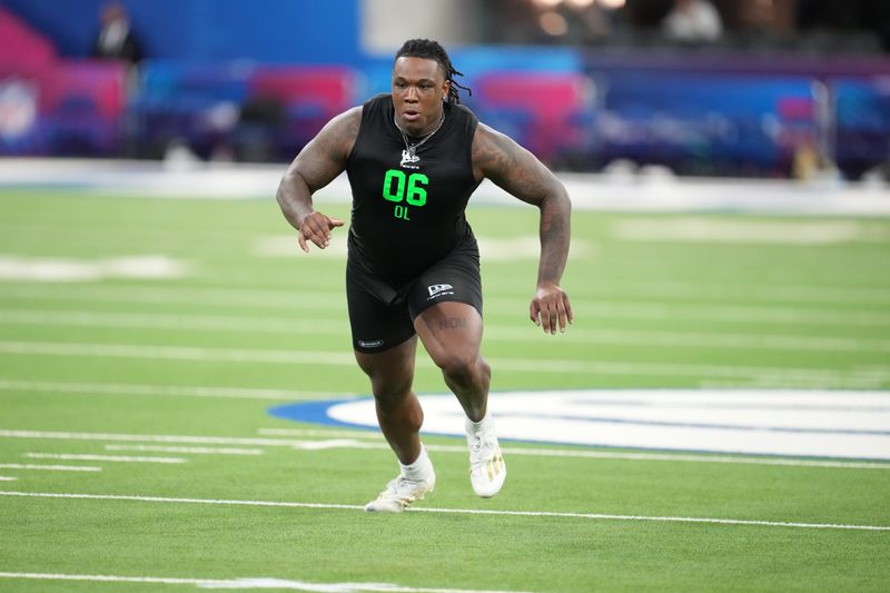 Boston College offensive lineman Jude Bowry (OL06) during the NFL Scouting Combine at Lucas Oil Stadium.