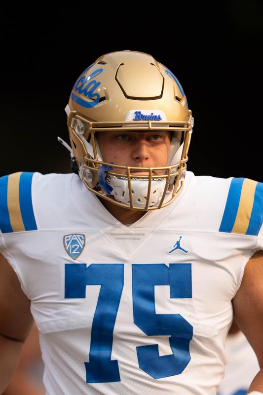 Sep 25, 2021; Stanford, California, USA; UCLA Bruins offensive lineman Bruno Fina (75) during the second quarter against the Stanford Cardinal at Stanford Stadium.