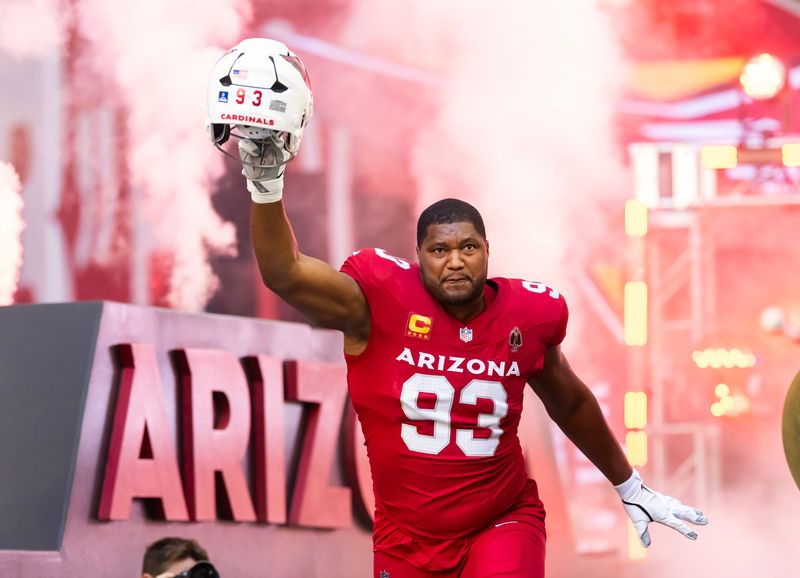 Dec 7, 2025; Glendale, Arizona, USA; Arizona Cardinals defensive end Calais Campbell (93) against the Los Angeles Rams at State Farm Stadium. Mandatory Credit: Mark J. Rebilas-Imagn Images