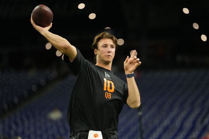 Feb 28, 2026; Indianapolis, IN, USA; Clemson quarterback Cade Klubnik (QB10) during the NFL Scouting Combine at Lucas Oil Stadium. Mandatory Credit: Kirby Lee-Imagn Images