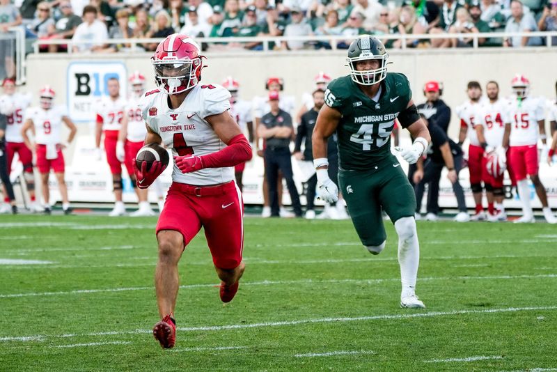 Sep 13, 2025; East Lansing, Michigan, USA; Youngstown State wide receiver Max Tomczak (4) runs the ball during the fourth quarter at Spartan Stadium.