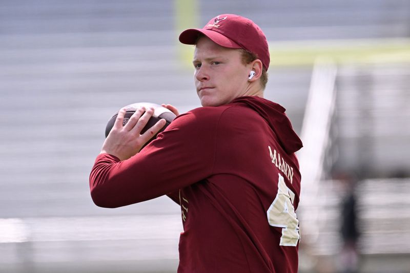 Aug 30, 2025; Chestnut Hill, Massachusetts, USA; Boston College Eagles long snapper Ben Mann (45) warms up before a game against the Fordham Rams at Alumni Stadium. Mandatory Credit: Eric Canha-Imagn Images