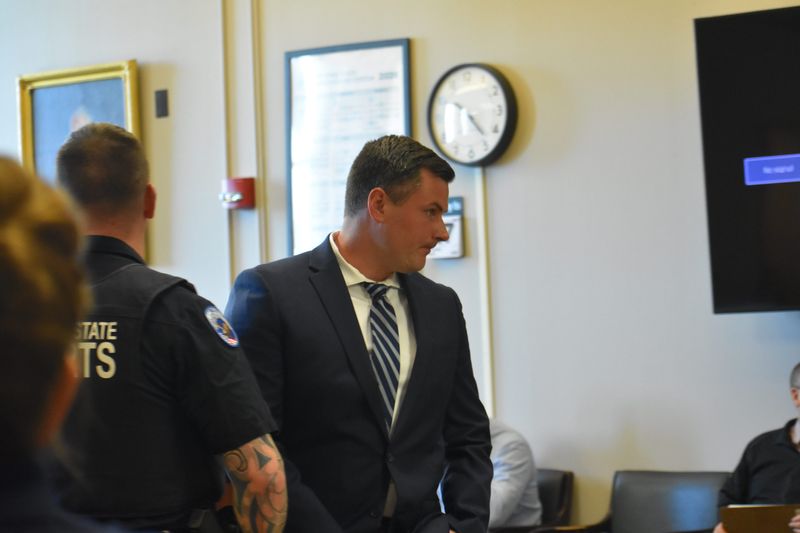 Caleb Blair appears in court before Judge Michael Nolan on April 27.