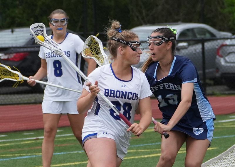 Bronxville's Ellie Garofalo drives toward the crease against Suffern's Nicole DeBellis during an April 28, 2026 girls lacrosse game.