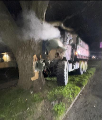 The military vehicle stolen by Daniel Passino-Brazeau, 29, after it hit a tree.