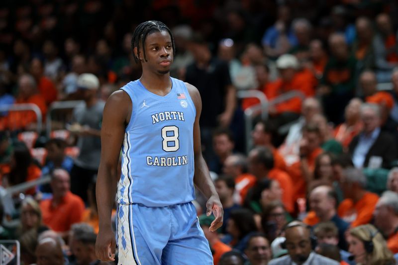 Feb 10, 2026; Coral Gables, Florida, USA; North Carolina Tar Heels forward Caleb Wilson (8) looks on against the Miami Hurricanes during the first half at Watsco Center. Mandatory Credit: Sam Navarro-Imagn Images