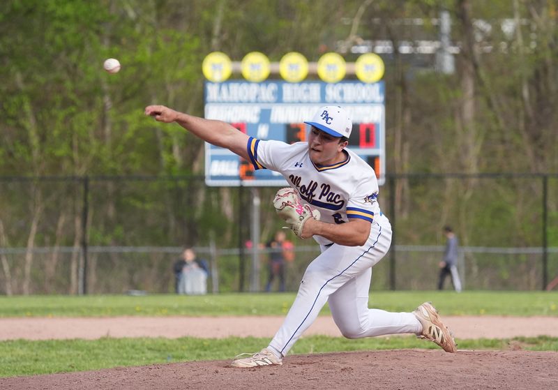 Mahopac pitcher Nick Masciarelli (6) delivers a pitch during baseball action against Horace Greeley at Mahopac Falls School on Wednesday, April 29, 2026. Mahopac won 2-0.