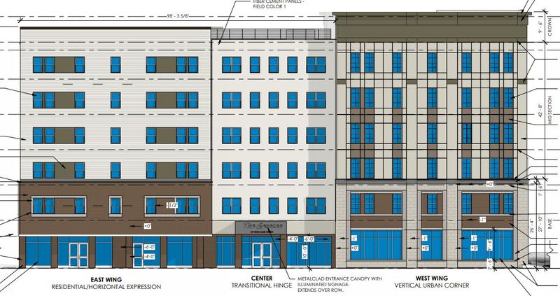 The elevation of the proposed The Genesee building facing Main Street in Rochester.