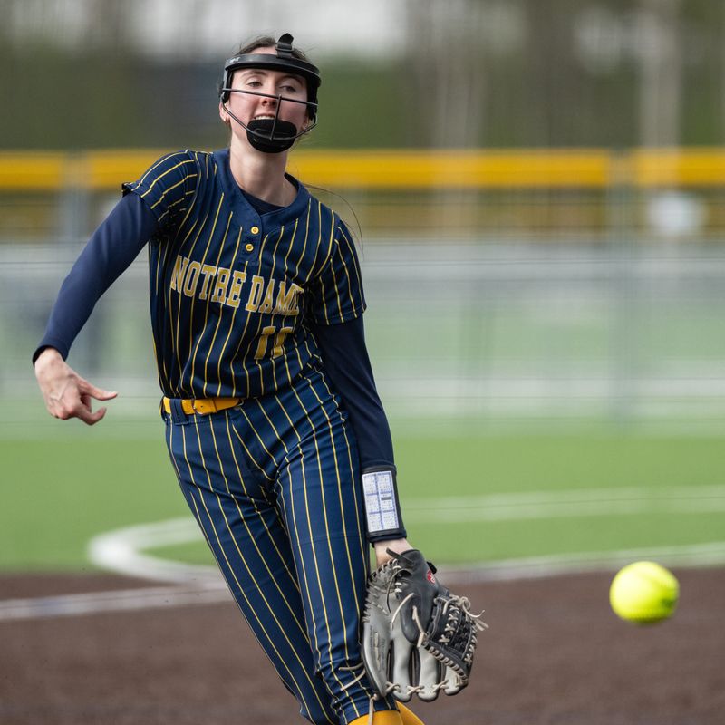 Notre Dame’s Ella Trinkaus throws a pitch during an April 30 game at Accelerate Sports Complex. Trinkaus pitched four innings of a combined no-hitter at Oneida Thursday. Anjayla Rafferty pitched the other two innings.