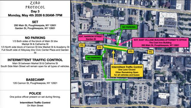 Map for the May 4 filming of "Zero Protocol," a zombie, action and horror film, in the City of Poughkeepsie.