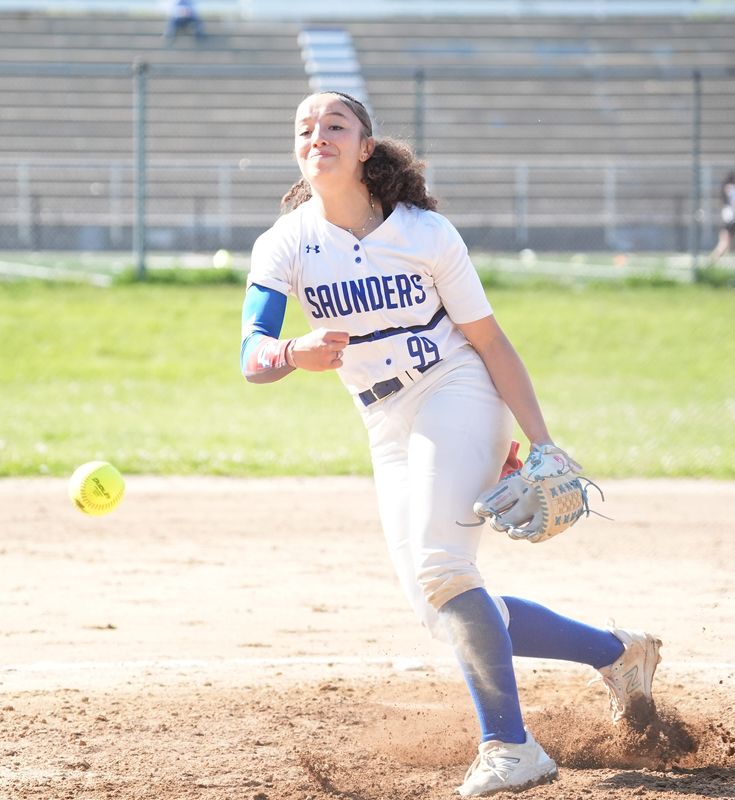 Saunders' Nailah Searight (99) delivers a pitch during softball action against Yonkers Montessori Academy at Saunders Trades and Technical High School in Yonkers on Friday, May 1, 2026. Saunders won 1-0.