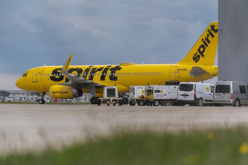 A Spirit Airlines plane sits on the tarmac at Detroit Metro Airport in Romulus on Friday, May 1, 2026.