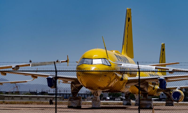 Out-of-service Spirit Airlines aircraft rest at Phoenix Goodyear Airport in Goodyear on May 2, 2026.