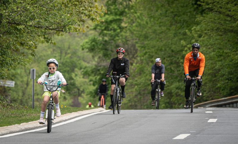 Cyclists make their way along the Bronx River Parkway during the opening day of the 2026 Bicycle Sundays season May 3, 2026. The parkway will close to cars on Sundays from the Westchester County Center in White Plains to Scarsdale Road in Yonkers through the first Sunday in October. Hours for Bicycle Sundays are from 10:00 am to 2:00 pm in May, August, September and October, and 8:00 am to noon in June and July.
