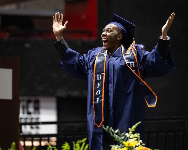 Students walk across the stage and receive their diplomas during the 77th Utica University Undergraduate Commencement Ceremony at the Adirondack Bank Center in Utica, NY on Sunday, May 3, 2026.