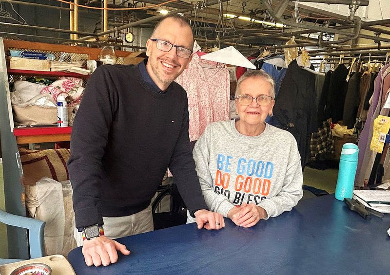 Scott Merrick, owner of Castle Cleaners in Elmira, with his mother Jenny, who has worked for the business for 50 years.